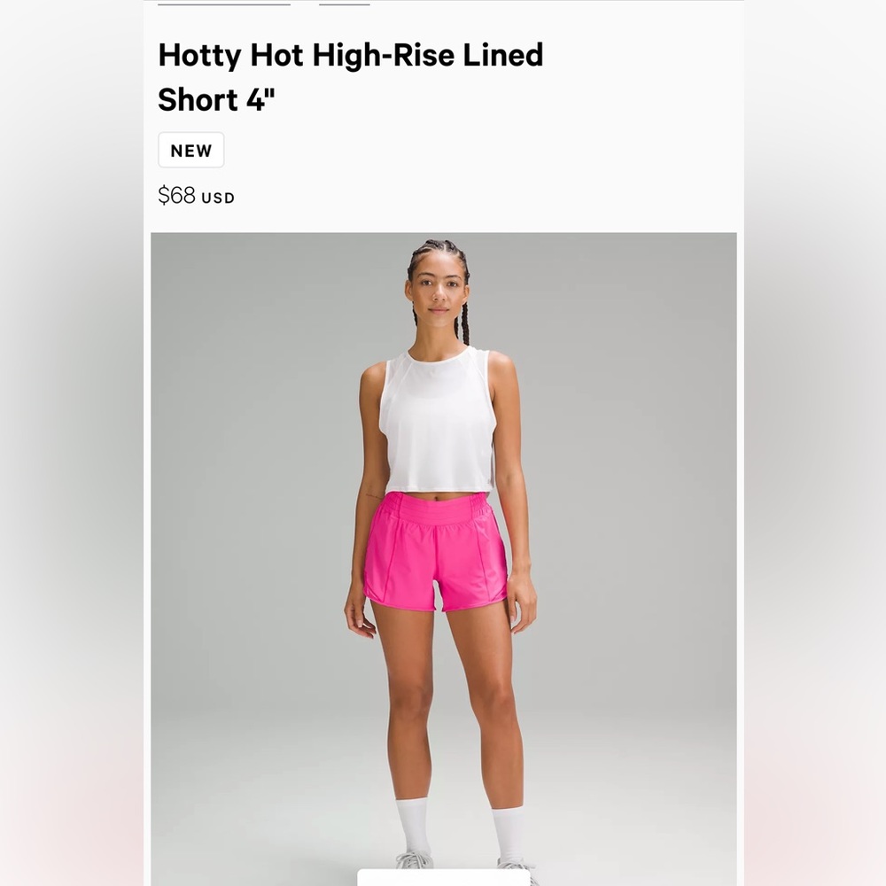 NWT. Lululemon hotty hot HR 4” lined. Sonic pink